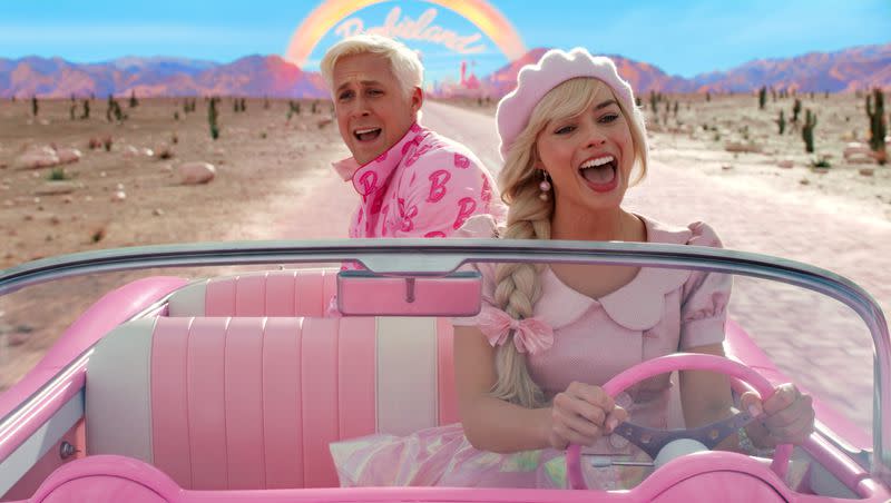 Ryan Gosling as Ken and Margot Robbie as Barbie in Warner Bros. Pictures’ “Barbie,” a Warner Bros. Pictures release.