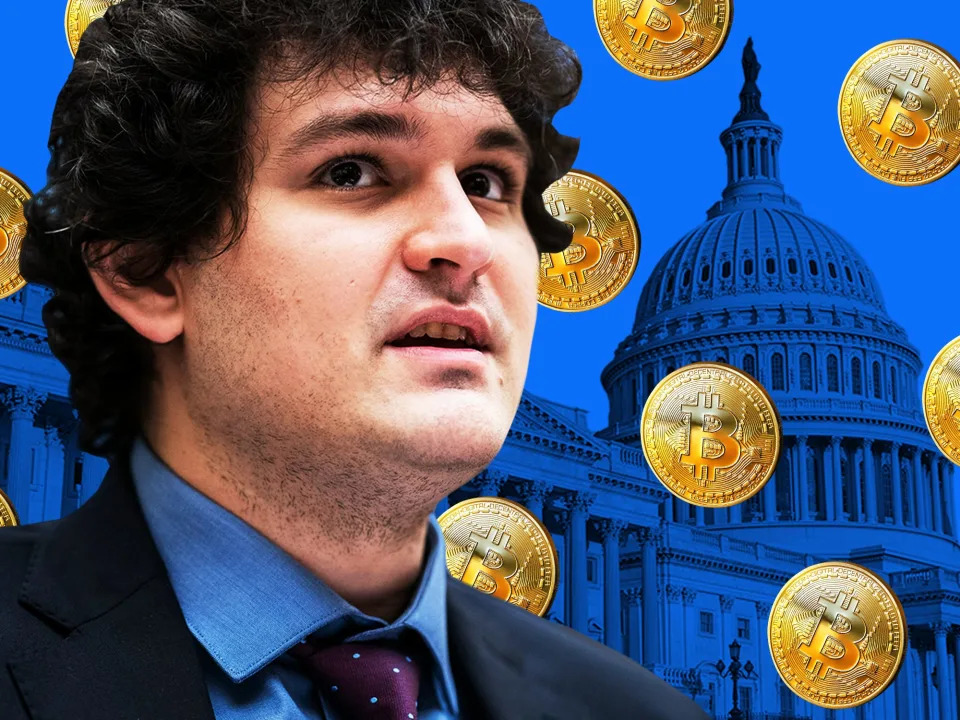 Sam Bankman-Fried against a blue background including The U.S. Capitol and falling Bitcoins