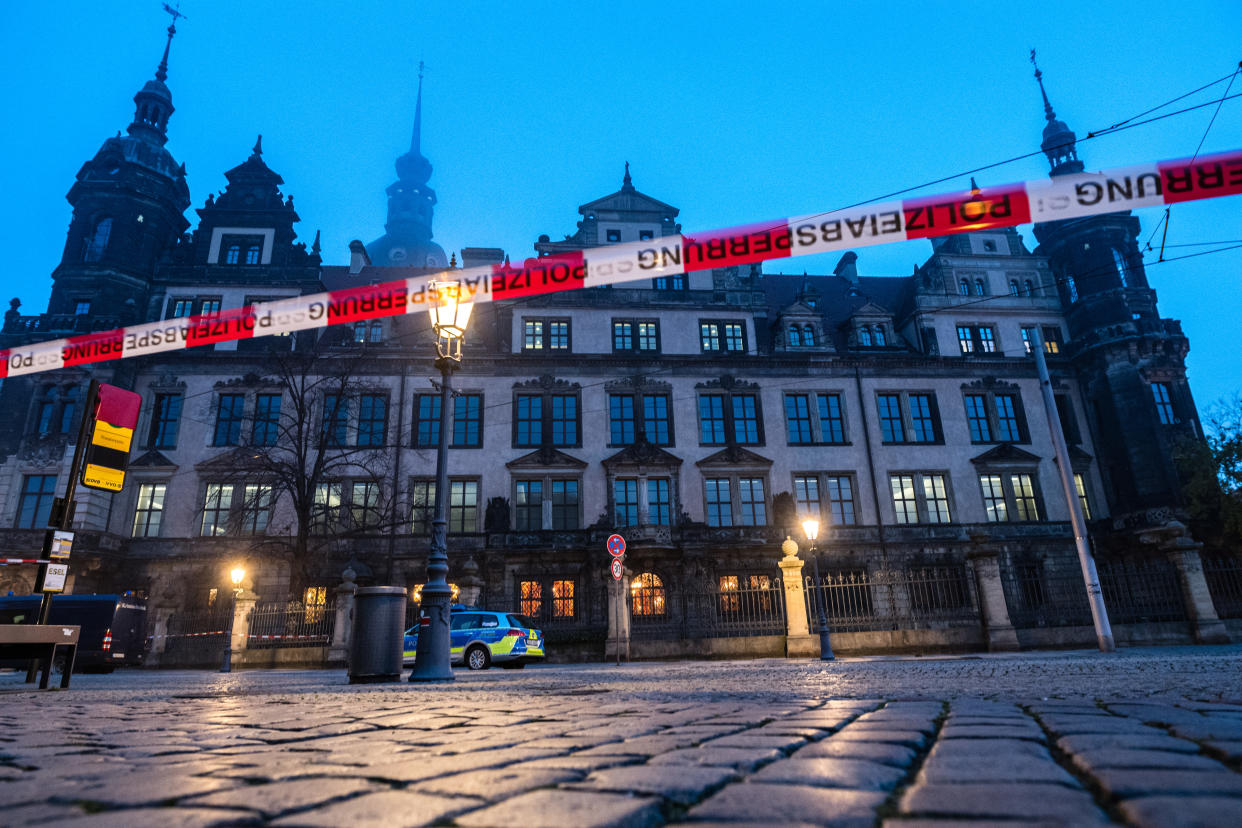 DRESDEN, GERMANY - NOVEMBER 25: The Residenzschloss palace that houses the Gruenes Gewoelbe (Green Vault) collection of treasures on November 25, 2019 in Dresden, Germany. Thieves, apparently after having sabotaged the electricity supply, broke into the museum through a window early this morning and reportedly made off with jewels, diamonds and other precious stones worth one billion Euros, making it the biggest heist in post-World War II German history. (Photo by Jens Schlueter/Getty Images)