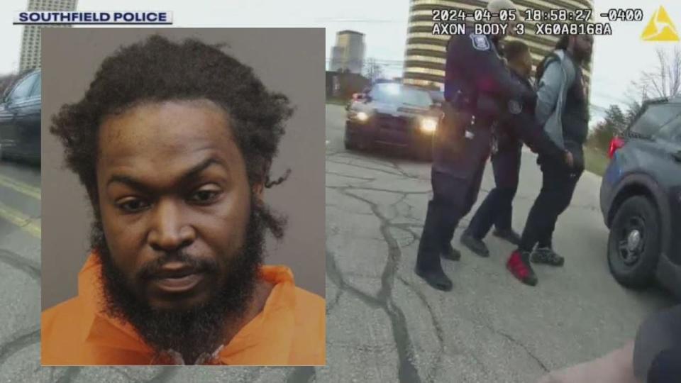 <div>Suspect Aaron Michael Brown, left, police bodycam video of him arrested after the Chipolte shooting.</div>