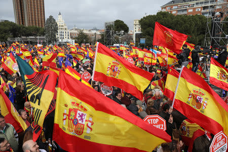 People gather during a protest called by right-wing opposition parties against Spanish Prime Minister Pedro Sanchez at Colon square in Madrid, Spain, February 10, 2019. REUTERS/Sergio Perez