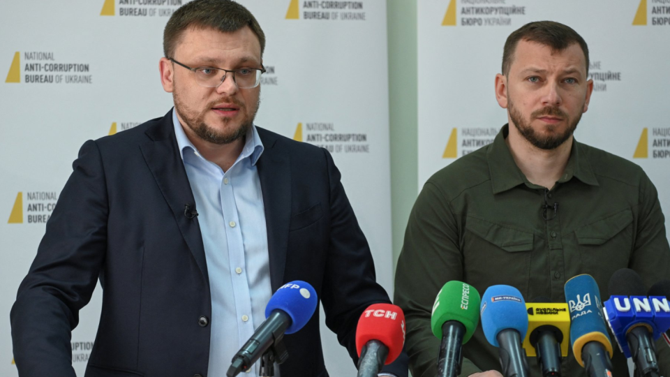 Director of the National Anti-Corruption Bureau Semen Kryvonos and Director of the Specialized Anti-Corruption Prosecutor's Office Oleksandr Klymenko attend a press conference dedicated to the detention of Ukraine's Supreme Court head, in Kyiv, Ukraine May 16, 2023