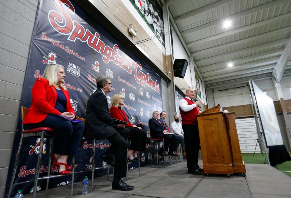 Springfield Cardinals General Manager Dan Reiter speaks at a press conference announcing that, pending a vote by City Council, the city of Springfield is purchasing Hammons Field for $12 million.