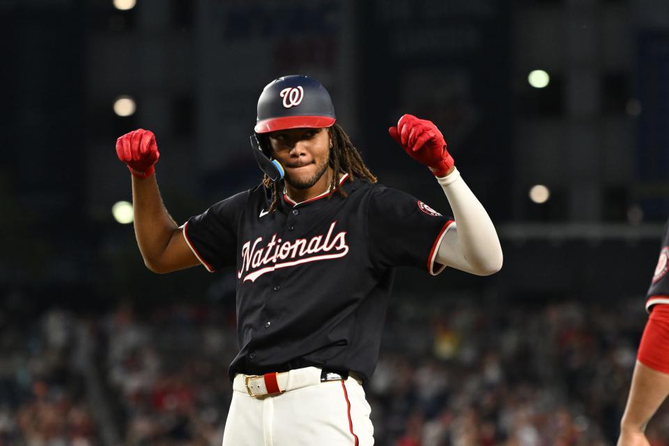 Jul 3, 2024; Washington, District of Columbia, USA; Washington Nationals center fielder James Wood (50) celebrates at first base after hitting an RBI single against the New York Mets during the seventh inning at Nationals Park. Mandatory Credit: Rafael Suanes-USA TODAY Sports