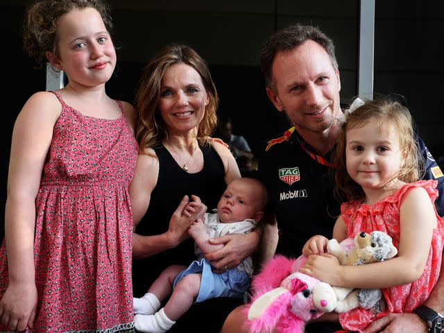 <p>Mark Thompson/Getty</p> Christian Horner with his wife Geri Halliwell-Horner and their children Bluebell, Montague and Olivia before the Bahrain Formula One Grand Prix on April 16, 2017