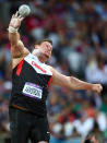 LONDON, ENGLAND - AUGUST 03: Dylan Armstrong of Canada competes in the Men's Shot Put Final on Day 7 of the London 2012 Olympic Games at Olympic Stadium on August 3, 2012 in London, England. (Photo by Michael Steele/Getty Images)