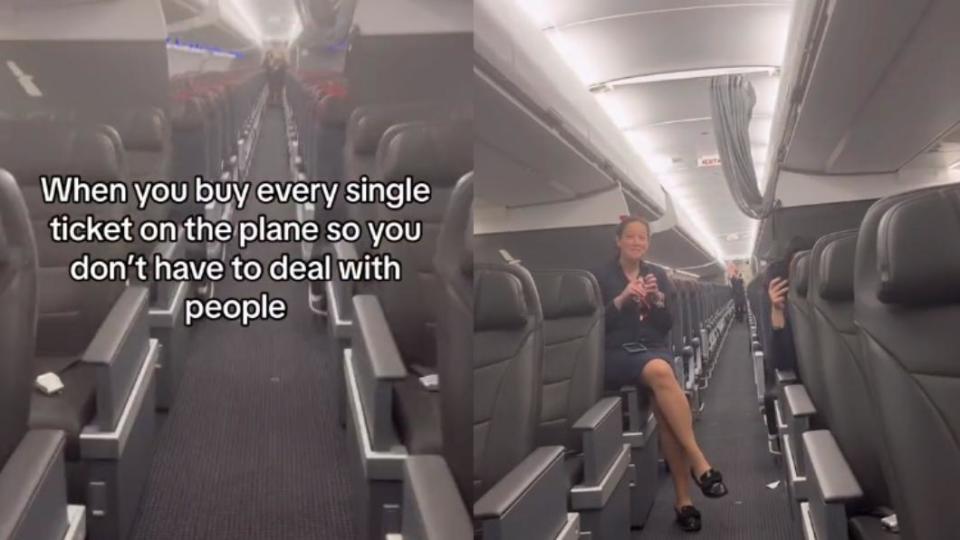 斯金格開玩笑表示，他獨佔整台飛機，機艙內簡直像是他炫富買下了所有座位，（圖／翻攝自@phil.stringer TikTok）