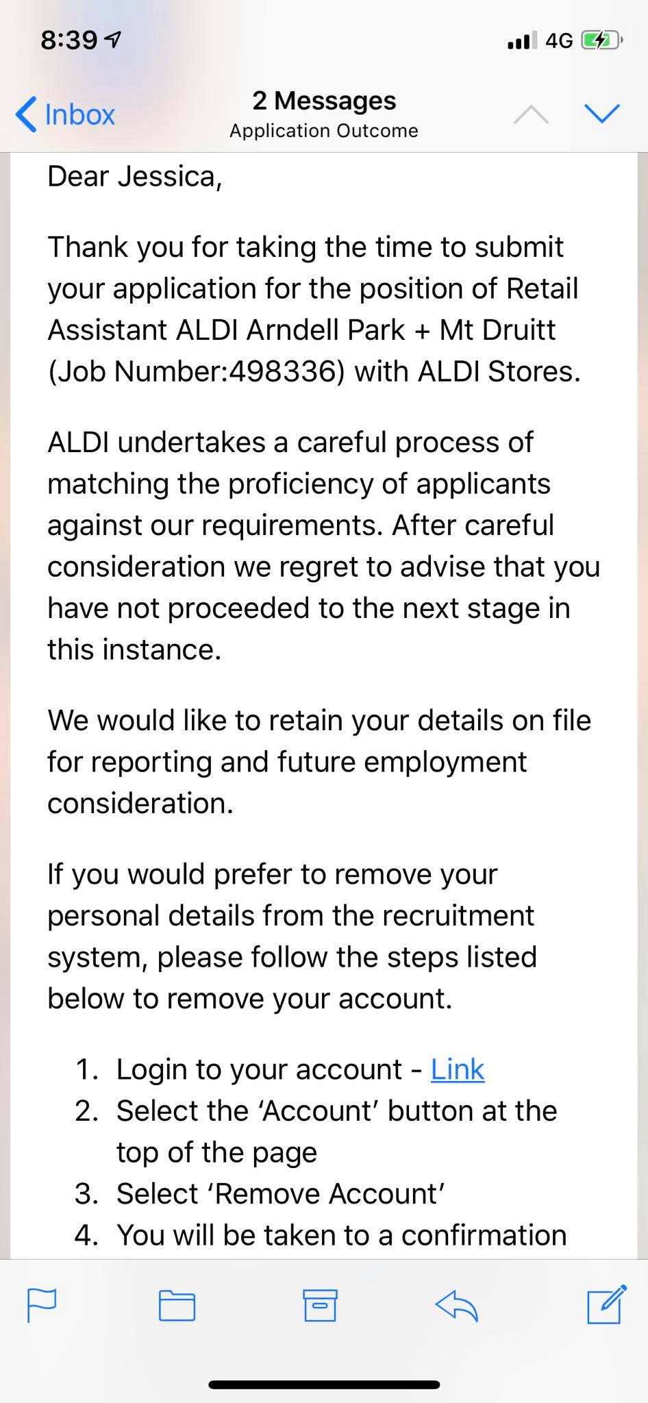 Jessica Irving rejected her job rejection letter from Aldi. And got an interview. Source: Supplied