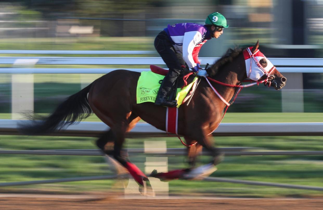2024 Kentucky Derby contender Forever Young of Japan works out on Saturday morning at Churchill Downs in Louisville, Ky. April 20, 2024. Trainer is Yoshito Yahagi and jockey is Ryusei Sakai.
