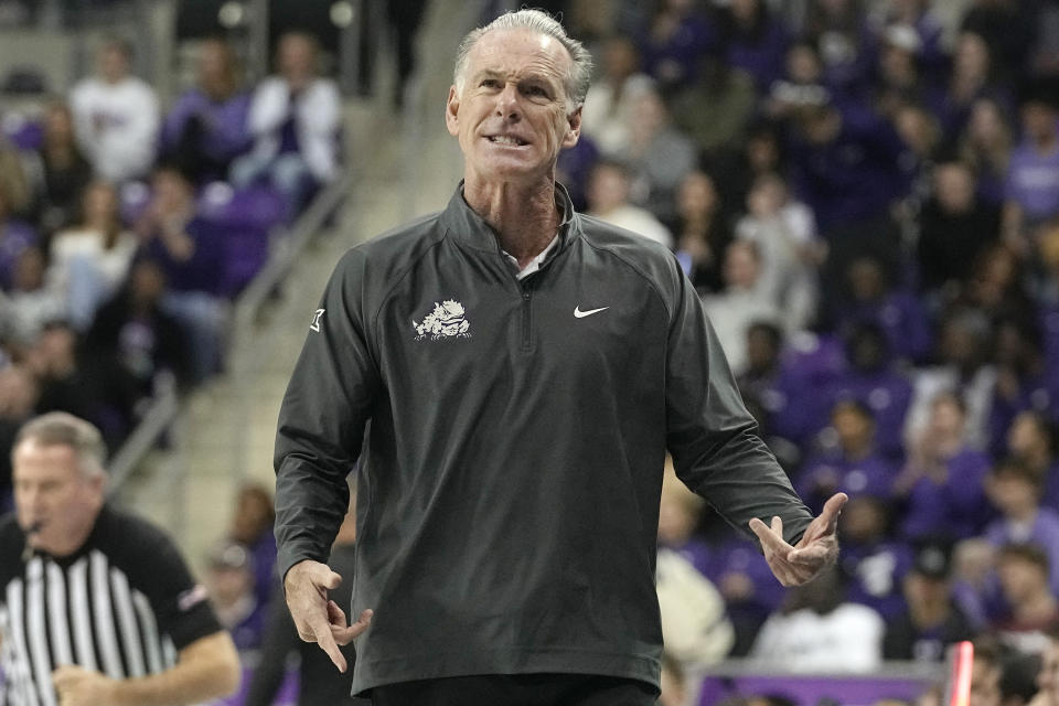 TCU head coach Jamie Dixon looks on from the sidelines during the first half of an NCAA college basketball game against Oklahoma in Fort Worth, Texas, Wednesday, Jan. 10, 2024. (AP Photo/LM Otero)