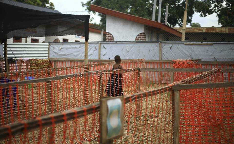 A child suspected of having Ebola virus is seen at a treatment centre in Beni, Eastern Congo, Tuesday April, 16, 2019. Congo's president on Tuesday said he wants to see a deadly Ebola virus outbreak contained in less than three months even as some health experts say it could take twice as long. (AP Photo/Al-hadji Kudra Maliro)