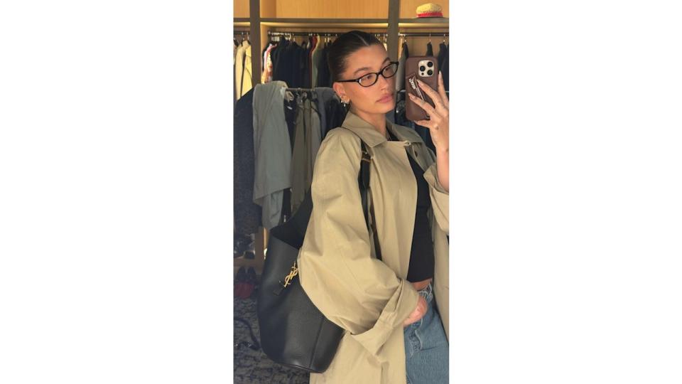 Hailey bieber in beige trench coat