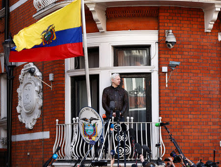 FILE PHOTO: WikiLeaks founder Julian Assange speaks on the balcony of the Embassy of Ecuador in London, Britain, May 19, 2017. REUTERS/Neil Hall/File photo