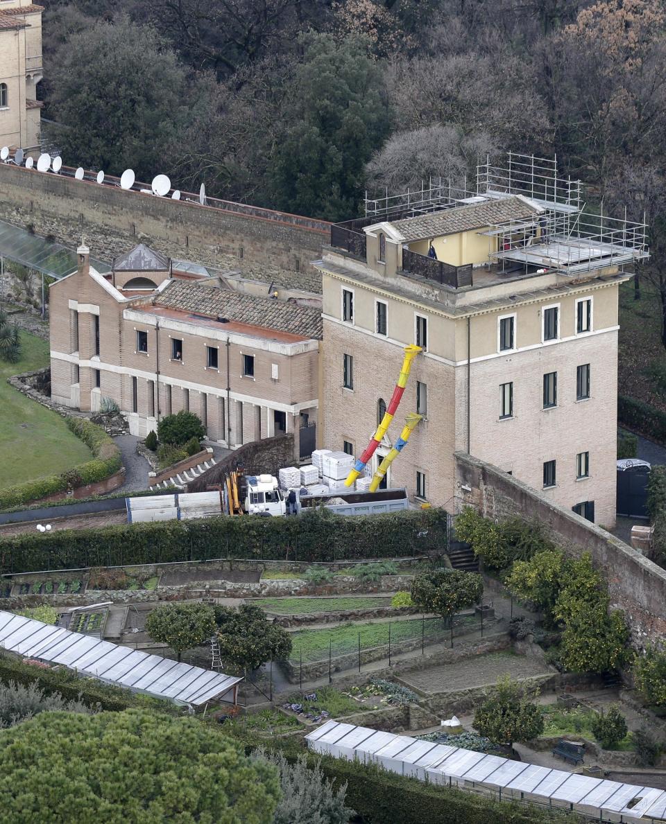 FILE - Construction work is being done on Feb. 14, 2013, on the Mater Ecclesiae Monastery inside the Vatican State, where Pope Emeritus Benedict XVI will live in retirement. Benedict largely kept to his word that he would live a lifetime of prayer and meditation “hidden to the world” in the converted monastery in the Vatican gardens. Benedict, the German theologian who will be remembered as the first pope in 600 years to resign, has died, the Vatican announced Saturday Dec. 31, 2022. He was 95. (AP Photo/Alessandra Tarantino, File)