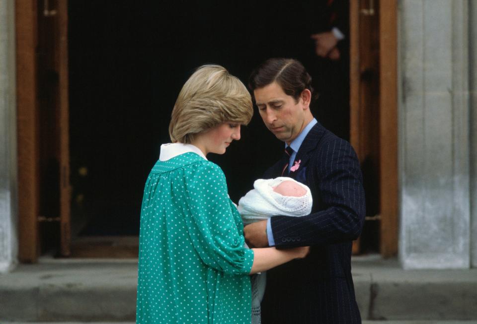 Diana holding baby William outside the Lindo Wing in 1982 [Photo: Getty]