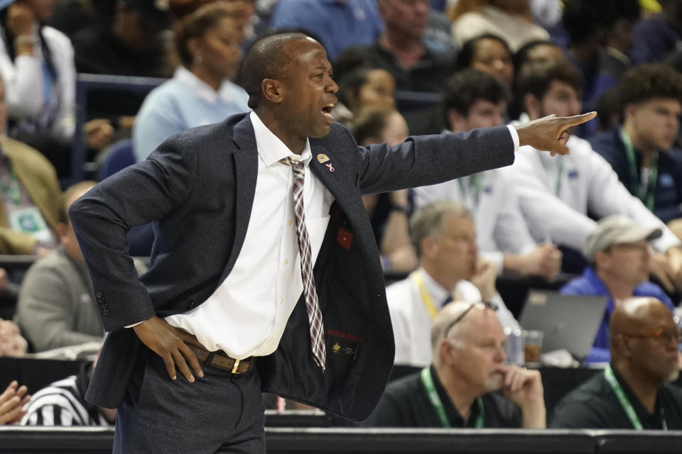 Boston College head coach Earl Grant argues a call during the first half of an NCAA college basketball game against North Carolina at the Atlantic Coast Conference Tournament in Greensboro, N.C., Wednesday, March 8, 2023. (AP Photo/Chuck Burton)