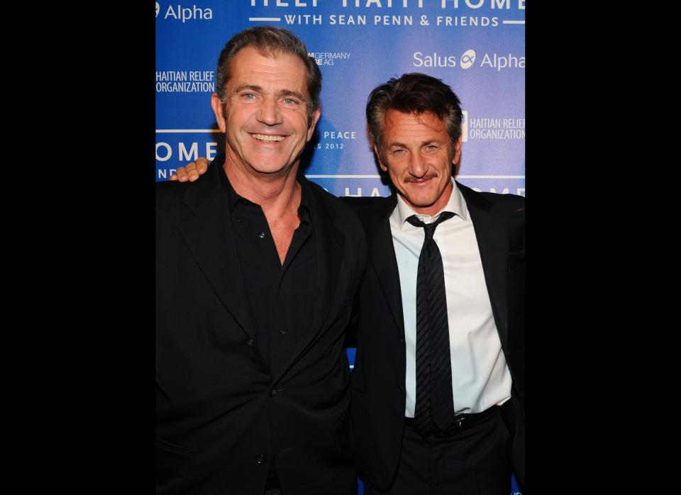 LOS ANGELES, CA - JANUARY 14: Actors Mel Gibson (L) and Sean Penn attend the Cinema For Peace event benefitting J/P Haitian Relief Organization in Los Angeles held at Montage Hotel on January 14, 2012 in Los Angeles, California.  (Photo by Michael Buckner/Getty Images For J/P Haitian Relief Organization and Cinema For Peace)