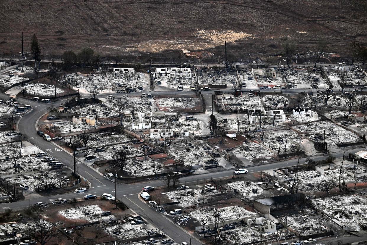 An aerial image taken on August 10, 2023 shows destroyed homes and buildings burned to the ground in Lahaina in the aftermath of wildfires in western Maui, Hawaii.