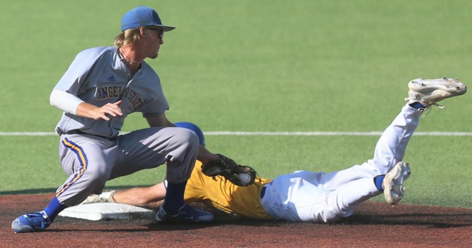 Angelo State University shortstop Justin Harris tags out a Texas A&M-Kingsville baserunner durinng the final game of the South Central Regional Section I Tournament at Foster Field at 1st Community Credit Union Stadium on Saturday, May 21, 2022.