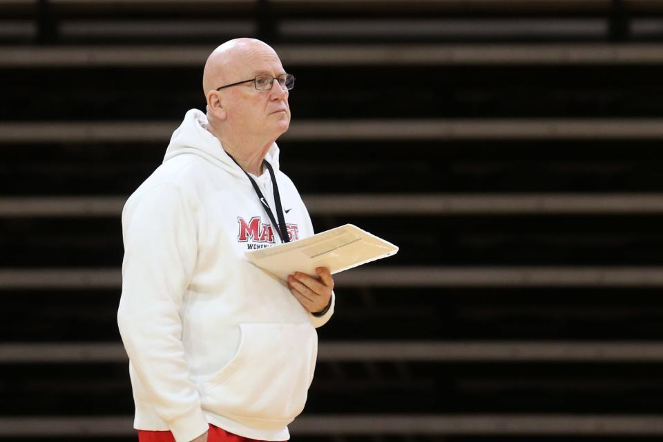 Marist College women's basketball coach Brian Giorgis runs a practice at the McCann Arena at Marist College in Poughkeepsie Feb. 21, 2023. Giorgis will be retiring at the end of this season after many years at Our Lady of Lourdes and Marist College.