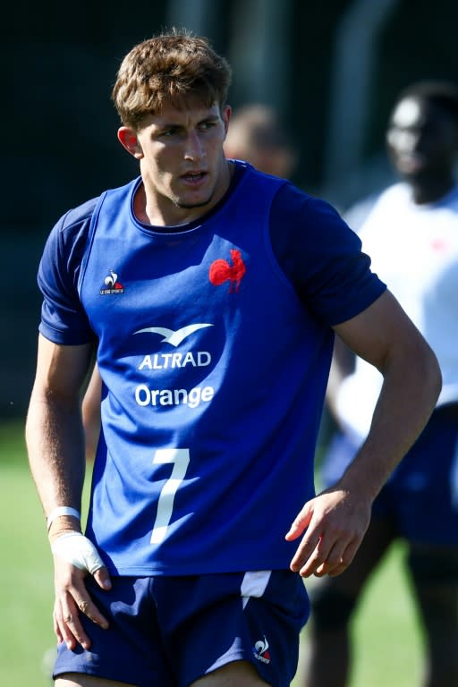 Le troisième ligne Oscar Jegou pendant un entraînement de l'équipe de France à San Isidro, en Argentine, le 2 juillet 2024 (TOMAS CUESTA)