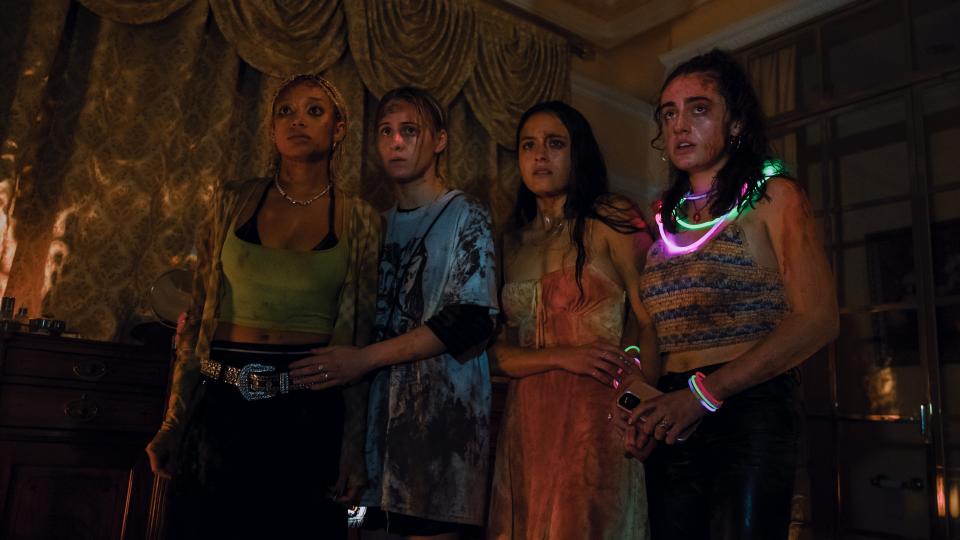 Rachel Sennott as Alice and Chase Sui Wonders as Emma and Maria Bakalova as Bee and Amandla Stenberg as Sophie in Bodies Bodies Bodies. (Sony Pictures)
