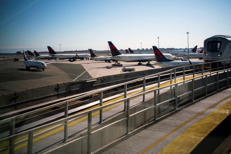 Planes are seen at the tarmac after the Federal Aviation Administration (FAA) temporarily halted flights arriving at New York City airports due to coronavirus disease (COVID-19) in New York