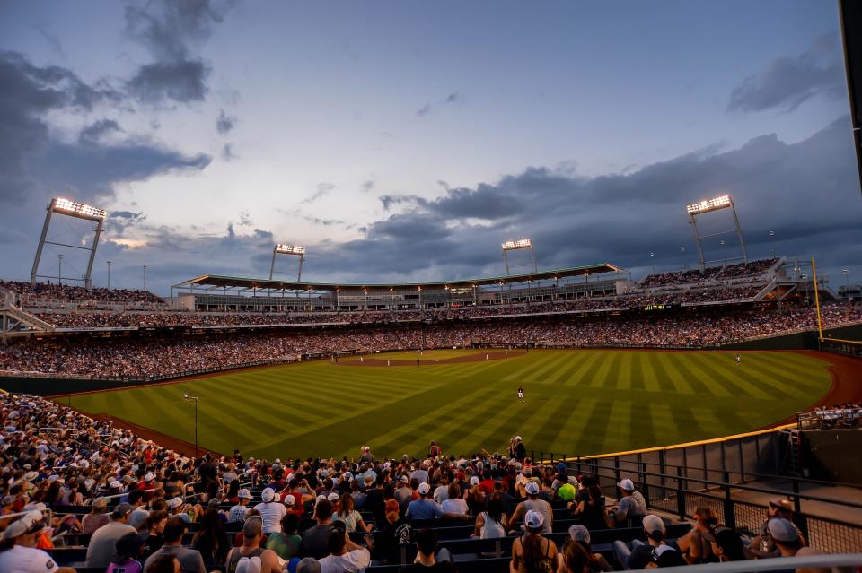 This is the view from the center field stands at Charles Schwab Field in Omaha, Neb., home of the College World Series. It also might be the place to be to catch one of Texas slugger Ivan Melendez's home runs over the next two weeks. The stadium's name has been changed from TD Ameritrade Park.