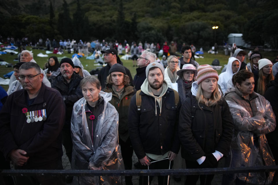 People gather to attend the Dawn Service ceremony at the Anzac Cove beach, the site of the April 25, 1915, World War I landing of the ANZACs (Australian and New Zealand Army Corps) on the Gallipoli peninsula, Turkey, early Tuesday, April 25, 2023. During the 108th Anniversary of Anzac Day, people from Australia and New Zealand joined Turkish and other nations' dignitaries at the former World War I battlefields for a dawn service Tuesday to remember troops that fought during the Gallipoli campaign between British-led forces against the Ottoman Empire army. (AP Photo/Emrah Gurel)