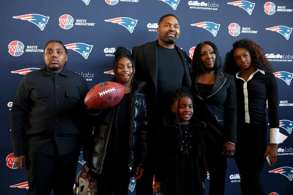 FOXBOROUGH, MASSACHUSETTS - JANUARY 17: Newly appointed head coach Jerod Mayo, center, with his family (L to R) Jerod Jr, Chyanne, Chylo, Chantel, and Chya following a media during a press conference at Gillette Stadium on January 17, 2024 in Foxborough, Massachusetts. (Photo by Maddie Meyer/Getty Images)