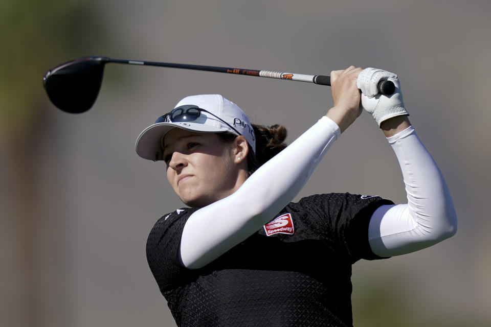 Ally McDonald watches her tee shot on the 12th hole during the second round of the LPGA Tour ANA Inspiration golf tournament at Mission Hills Country Club Friday, April 5, 2019, in Rancho Mirage, Calif. (AP Photo/Chris Carlson)