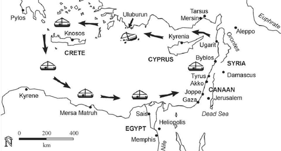 A map with arrows showing a ships movements in the Mediterranean Sea.