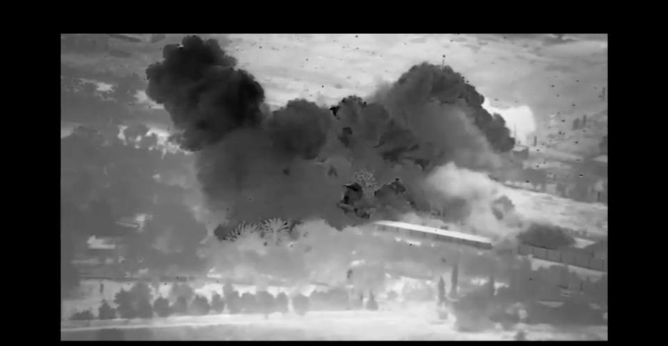 Drone footage of a US airstrike on an IRGC facility in Syria on Nov. 12, 2023.