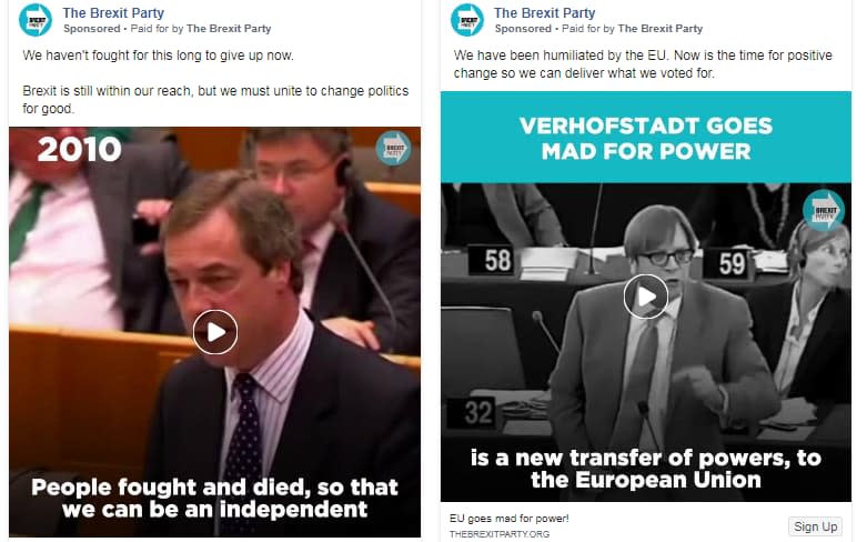 Facebook adverts for the Brexit Party - Brexit Party/Facebook