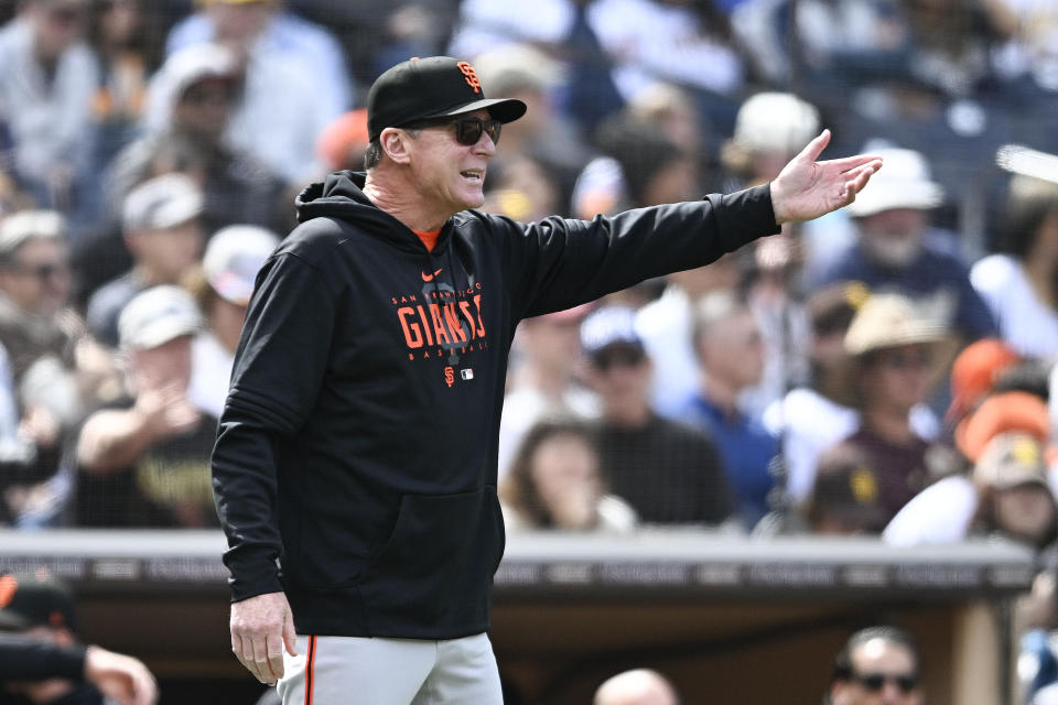 San Francisco Giants manager Bob Melvin argues a call during the fourth inning of the team's baseball game against the San Diego Padres, Sunday, March 31, 2024, in San Diego. (AP Photo/Denis Poroy)