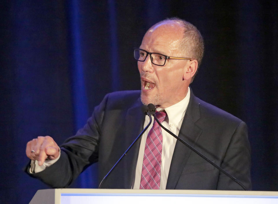 Tom Perez, chair of the Democratic National Committee speaks during the Florida Democratic Party state conference, Saturday, June 8, 2019, in Orlando, Fla. (AP Photo/John Raoux)