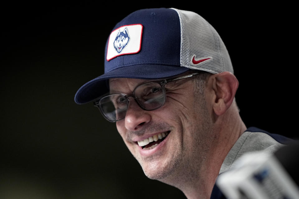 Connecticut head coach Dan Hurley speaks during a news conference in preparation for the Final Four college basketball game in the NCAA Tournament on Thursday, March 30, 2023, in Houston. Miami will face UConn on Saturday. (AP Photo/David J. Phillip)