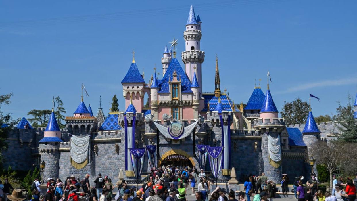 <div>Anaheim, CA - April 05: Sleeping Beauty Castle in Fantasyland is decorated for the Disney Company's 100th anniversary inside Disneyland in Anaheim, CA, in 2023. (Photo by Jeff Gritchen, Orange County Register/SCNG)</div>