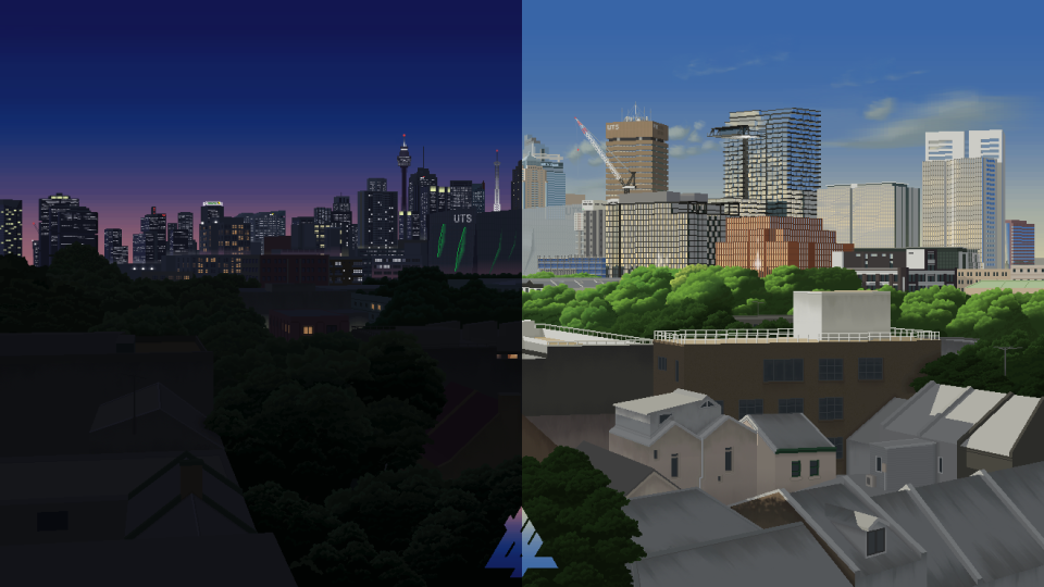 Pictured is Sydney's CBD by day and night. Drawn on MS Paint.