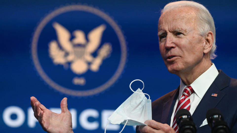 US President-elect Joe Biden answers questions from the press at The Queen in Wilmington, Delaware on November 16, 2020. (Roberto Schmidt/AFP via Getty Images)