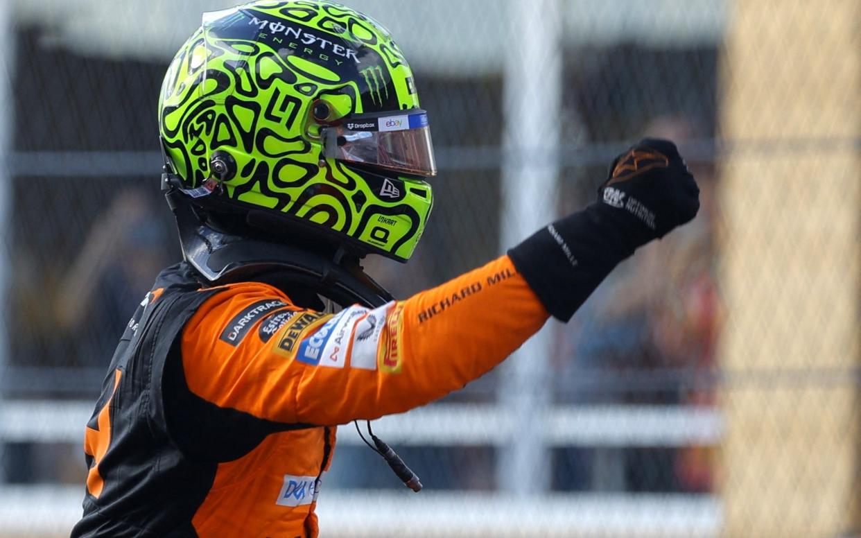 Lando Norris celebrates winning the Miami GP