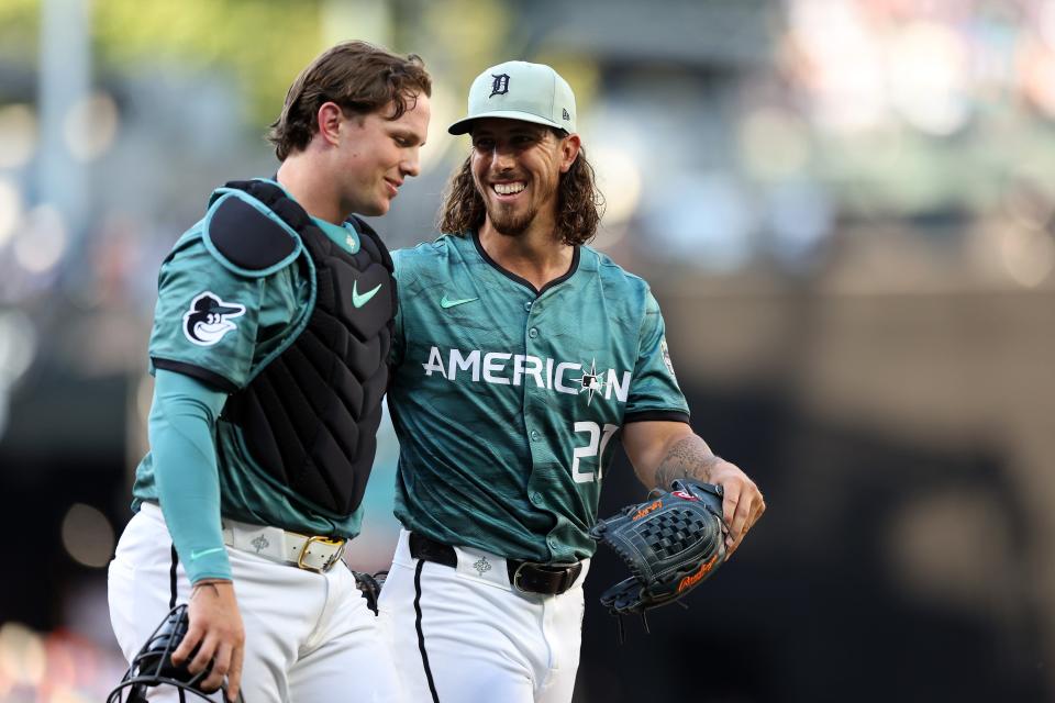 Adley Rutschman, left, of the Baltimore Orioles and Michael Lorenzen of the Detroit Tigers talk during the 93rd MLB All-Star Game at T-Mobile Park in Seattle on Tuesday, July 11, 2023.