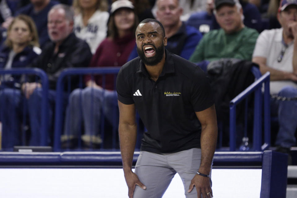 Arkansas-Pine Bluff coach Solomon Bozeman directs the team during the first half of an NCAA college basketball game against Gonzaga, Tuesday, Dec. 5, 2023, in Spokane, Wash. (AP Photo/Young Kwak)