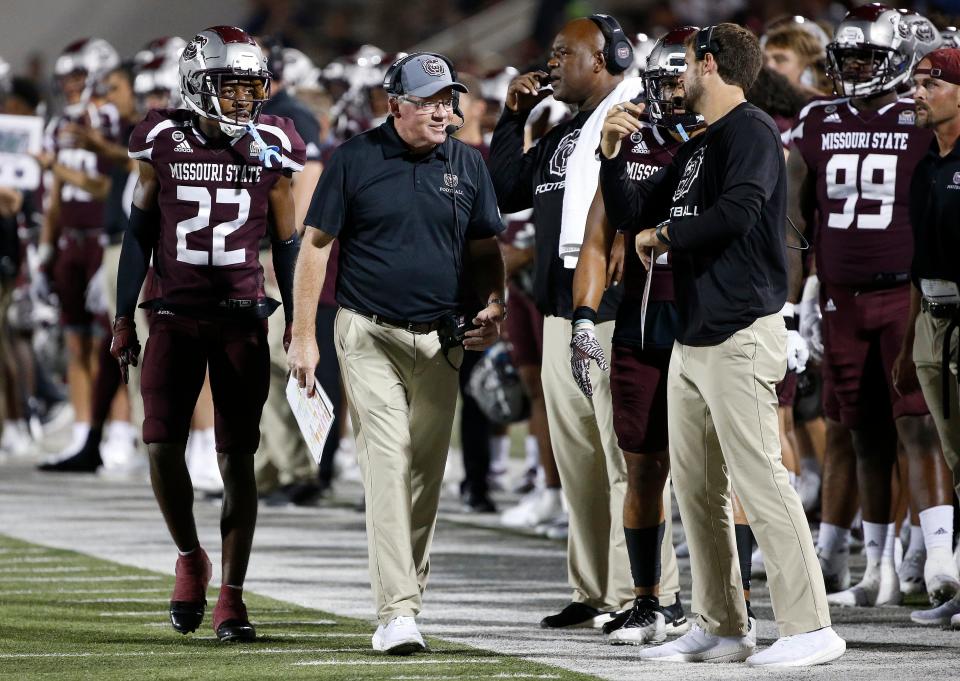 Missouri State Football head coach Bobby Petrino walks the sideline during the Bears game against the University of Central Arkansas at Plaster Stadium on Saturday, Sep. 11, 2021.<br>Msuuca018