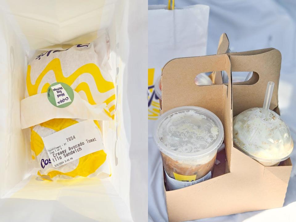 A white bag filled with a wrapped sandwich, and McPops with CosMc's logo on the bag; A cardboard drink holder with several drinks inside