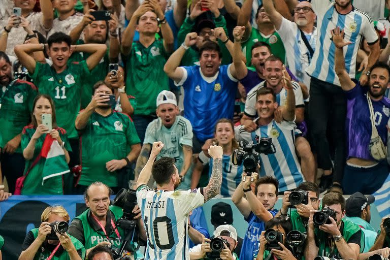 LUSAIL CITY, QATAR - NOVEMBER 26: Lionel Messi of Argentina celebrates after scoring his team's first goal during the FIFA World Cup Qatar 2022 Group C match between Argentina and Mexico at Lusail Stadium on November 26, 2022 in Lusail City, Qatar. (Photo by Tnani Badreddine/DeFodi Images via Getty Images)