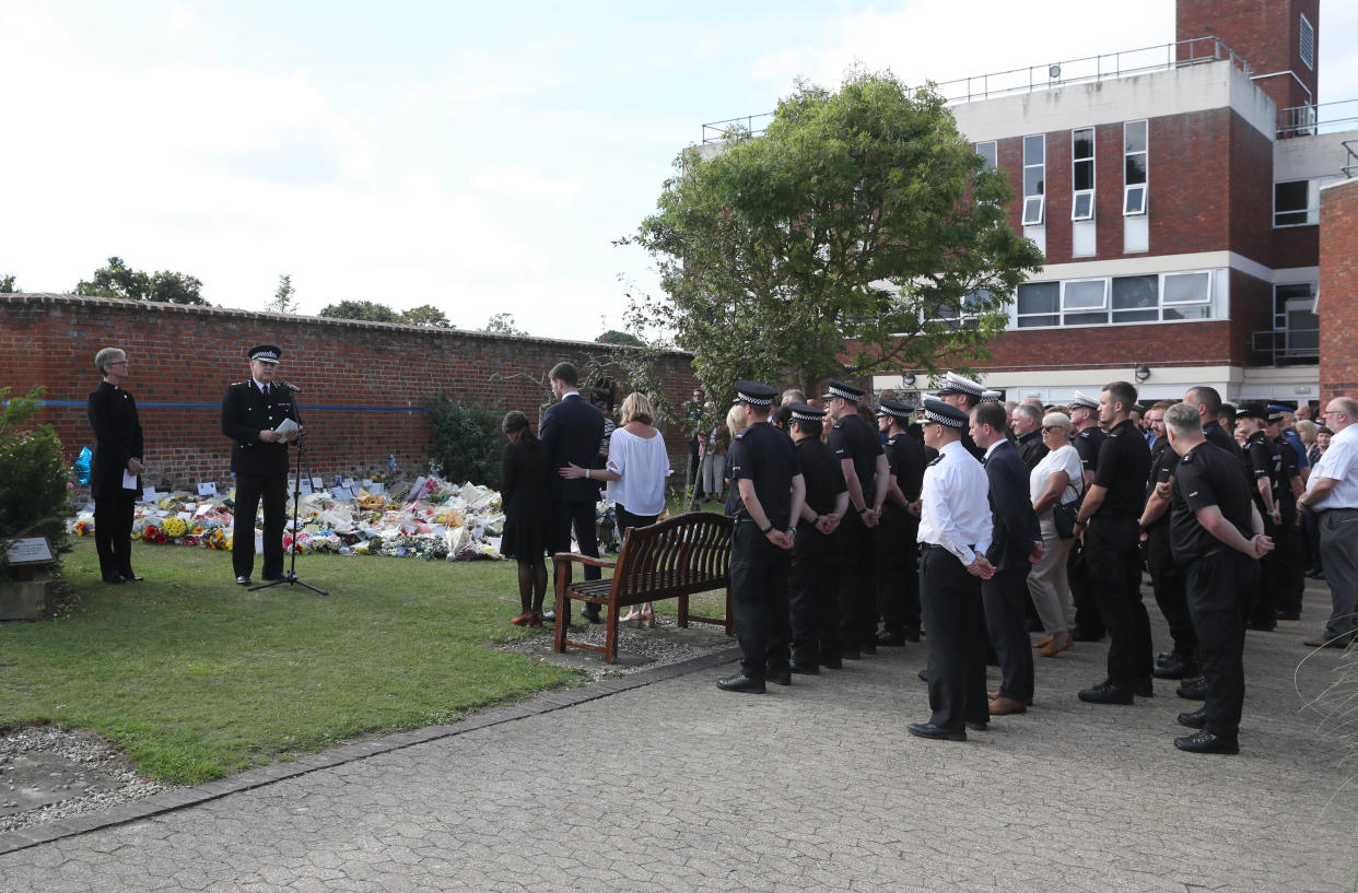 A minute's silence taking place for Pc Andrew Harper at the Thames Valley Police Training Centre in Sulhamstead on Friday. (PA)
