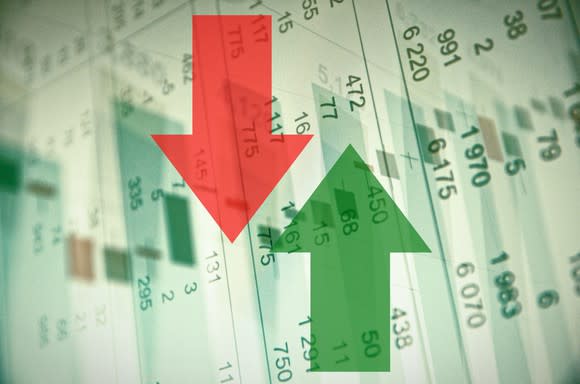 Up and down arrows superimposed on columns of numbers.