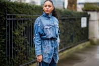 <p>A distressed denim jacket gets a little help from a minimal belt. Not only does it accentuate your waistline, but the added accessory makes the jacket more upscale and modern. </p>