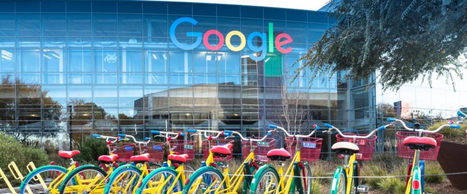 Colorful bicycles outside a Google office building